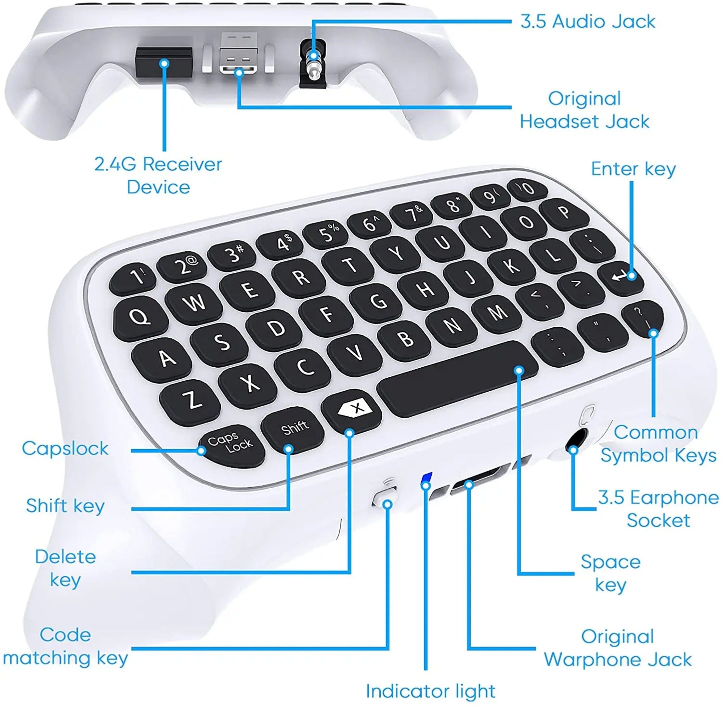 Wireless 2.4Ghz Mini Controller Keyboard Gaming Chatpad with Audio/Headset Jack for Xbox Series X/S Controller Accessories