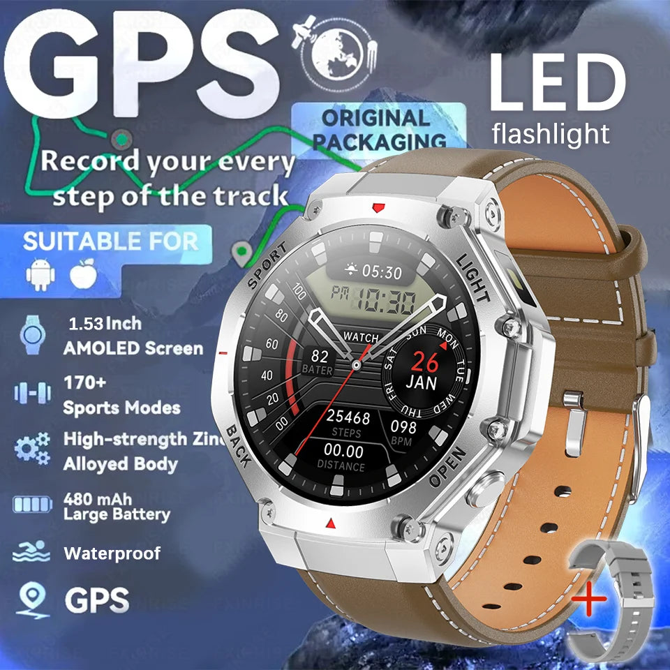 2025 New Original Premium GPS Smart Watch Ultra HD AMOLED Display Flashlight Built-in GPS BT Call Waterproof Smart Bracelet  Men