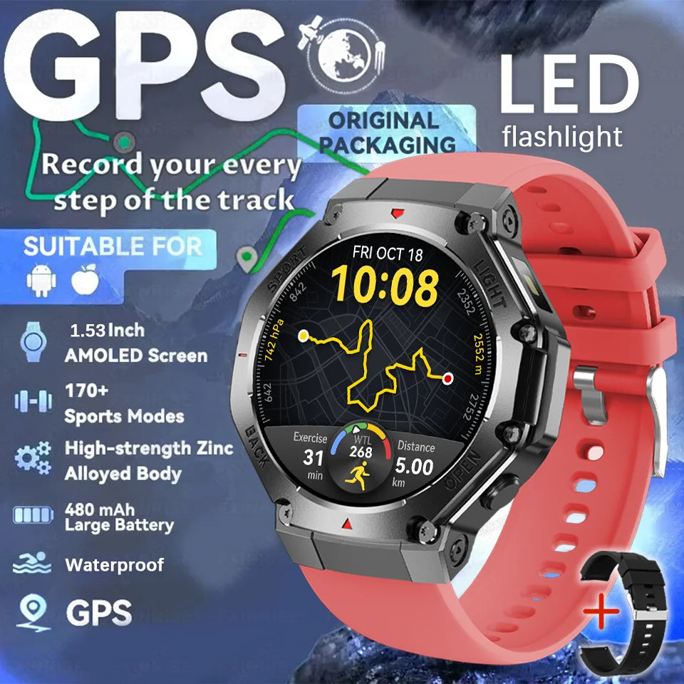 2025 New Original Premium GPS Smart Watch Ultra HD AMOLED Display Flashlight Built-in GPS BT Call Waterproof Smart Bracelet  Men