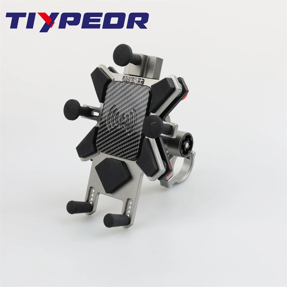 TIYPEOR CNC Aluminum Universal Motorcycle Phone Mount with Qi 15W Wireless Charger&Vibration Dampener Motorcycle CellPhone Holdr