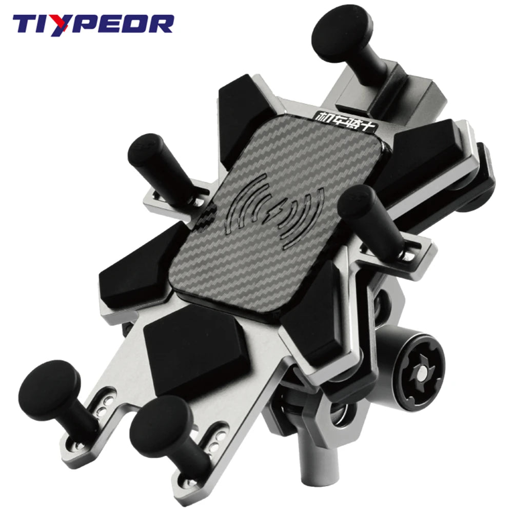 TIYPEOR CNC Aluminum Universal Motorcycle Phone Mount with Qi 15W Wireless Charger&Vibration Dampener Motorcycle CellPhone Holdr