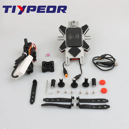 TIYPEOR CNC Aluminum Universal Motorcycle Phone Mount with Qi 15W Wireless Charger&Vibration Dampener Motorcycle CellPhone Holdr