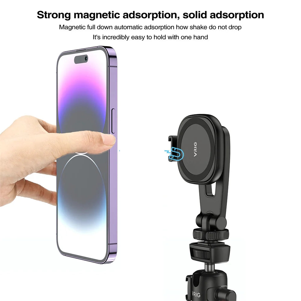 VRIG Magnetic Phone Holder Phone Tripod Mount w 1/4 Cold Shoe for Magsafe iPhone 15 14 13 12 Series Samsung Cameras Mic Lights