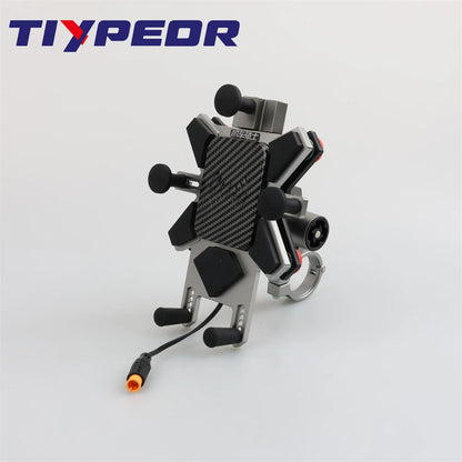 TIYPEOR CNC Aluminum Universal Motorcycle Phone Mount with Qi 15W Wireless Charger&Vibration Dampener Motorcycle CellPhone Holdr