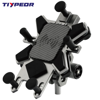 TIYPEOR CNC Aluminum Universal Motorcycle Phone Mount with Qi 15W Wireless Charger&Vibration Dampener Motorcycle CellPhone Holdr