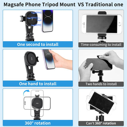 VRIG Magnetic Phone Holder Phone Tripod Mount w 1/4 Cold Shoe for Magsafe iPhone 15 14 13 12 Series Samsung Cameras Mic Lights