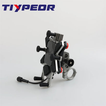 TIYPEOR CNC Aluminum Universal Motorcycle Phone Mount with Qi 15W Wireless Charger&Vibration Dampener Motorcycle CellPhone Holdr