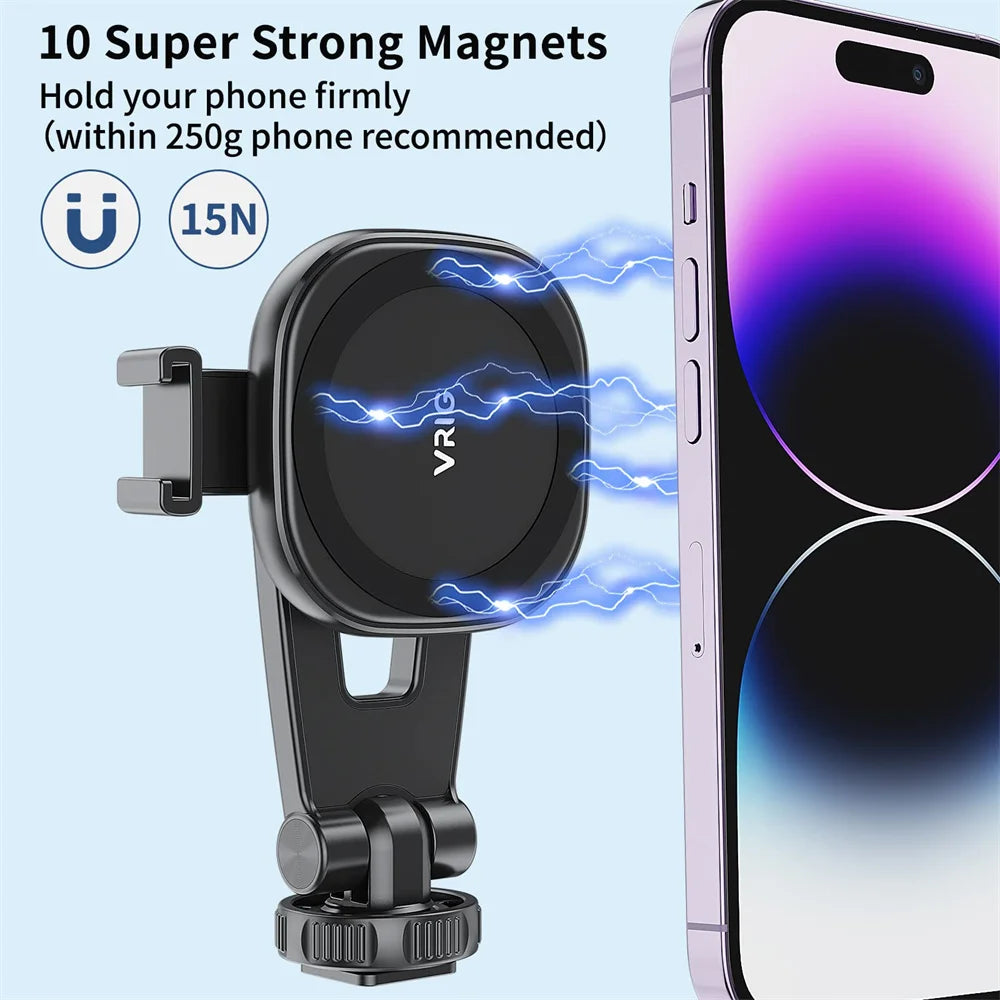 VRIG Magnetic Phone Holder Phone Tripod Mount w 1/4 Cold Shoe for Magsafe iPhone 15 14 13 12 Series Samsung Cameras Mic Lights