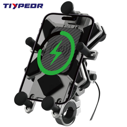 TIYPEOR CNC Aluminum Universal Motorcycle Phone Mount with Qi 15W Wireless Charger&Vibration Dampener Motorcycle CellPhone Holdr