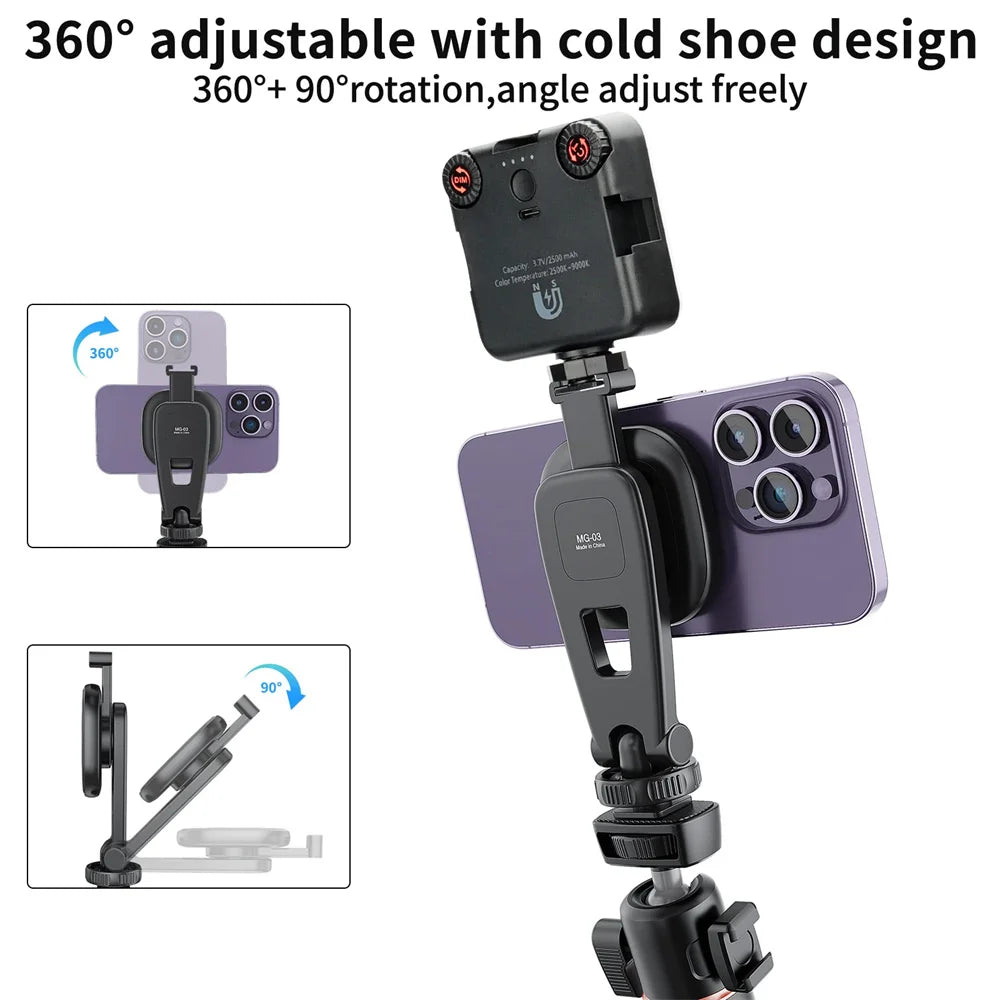 VRIG Magnetic Phone Holder Phone Tripod Mount w 1/4 Cold Shoe for Magsafe iPhone 15 14 13 12 Series Samsung Cameras Mic Lights