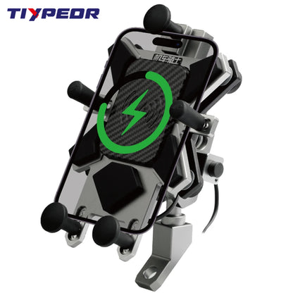 TIYPEOR CNC Aluminum Universal Motorcycle Phone Mount with Qi 15W Wireless Charger&Vibration Dampener Motorcycle CellPhone Holdr