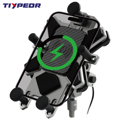 TIYPEOR CNC Aluminum Universal Motorcycle Phone Mount with Qi 15W Wireless Charger&Vibration Dampener Motorcycle CellPhone Holdr