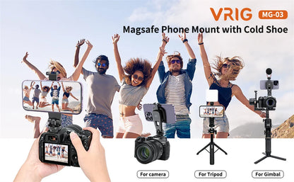 VRIG Magnetic Phone Holder Phone Tripod Mount w 1/4 Cold Shoe for Magsafe iPhone 15 14 13 12 Series Samsung Cameras Mic Lights