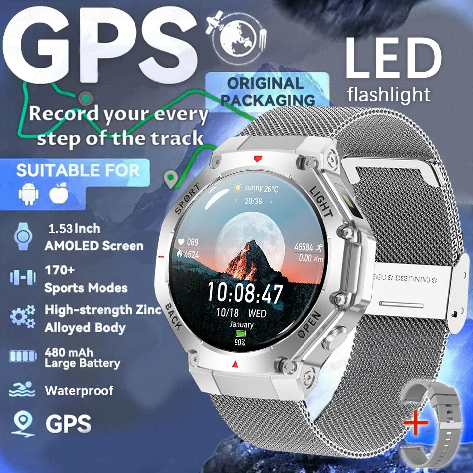 2025 New Original Premium GPS Smart Watch Ultra HD AMOLED Display Flashlight Built-in GPS BT Call Waterproof Smart Bracelet  Men