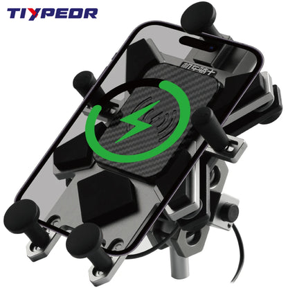 TIYPEOR CNC Aluminum Universal Motorcycle Phone Mount with Qi 15W Wireless Charger&Vibration Dampener Motorcycle CellPhone Holdr