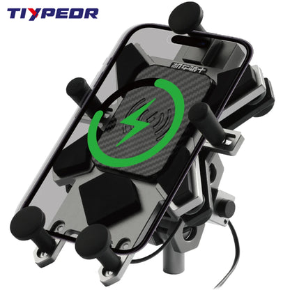 TIYPEOR CNC Aluminum Universal Motorcycle Phone Mount with Qi 15W Wireless Charger&Vibration Dampener Motorcycle CellPhone Holdr