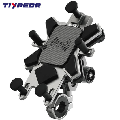 TIYPEOR CNC Aluminum Universal Motorcycle Phone Mount with Qi 15W Wireless Charger&Vibration Dampener Motorcycle CellPhone Holdr