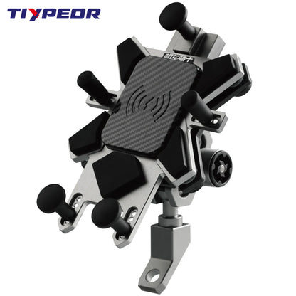 TIYPEOR CNC Aluminum Universal Motorcycle Phone Mount with Qi 15W Wireless Charger&Vibration Dampener Motorcycle CellPhone Holdr