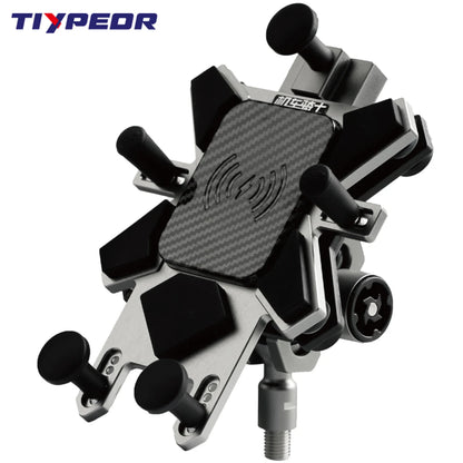 TIYPEOR CNC Aluminum Universal Motorcycle Phone Mount with Qi 15W Wireless Charger&Vibration Dampener Motorcycle CellPhone Holdr