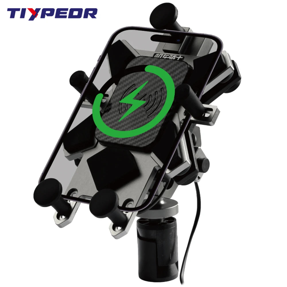 TIYPEOR CNC Aluminum Universal Motorcycle Phone Mount with Qi 15W Wireless Charger&Vibration Dampener Motorcycle CellPhone Holdr